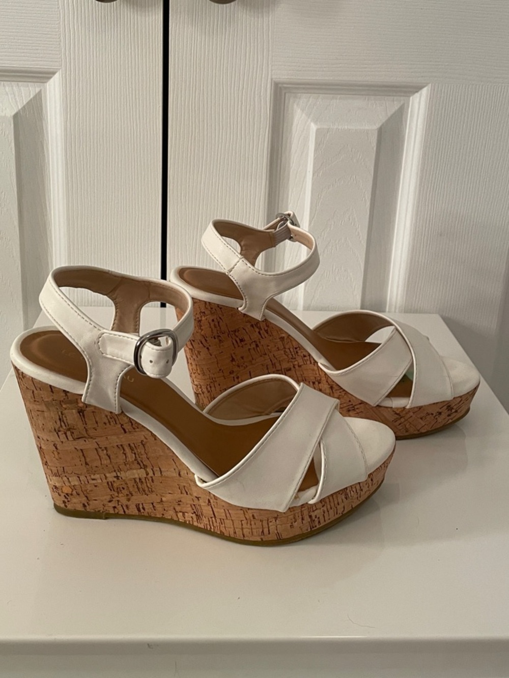White Cork Ankle-Strap Wedge Sandals